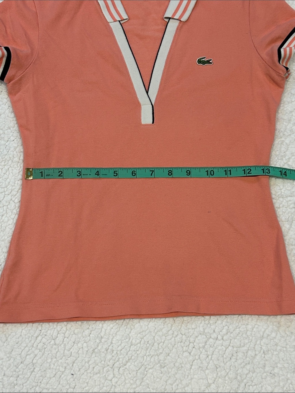 Lacoste Coral Pink Deep V-Neck fitted Polo Shirt Small Striped Collar & Sleeves - Picture 14 of 16